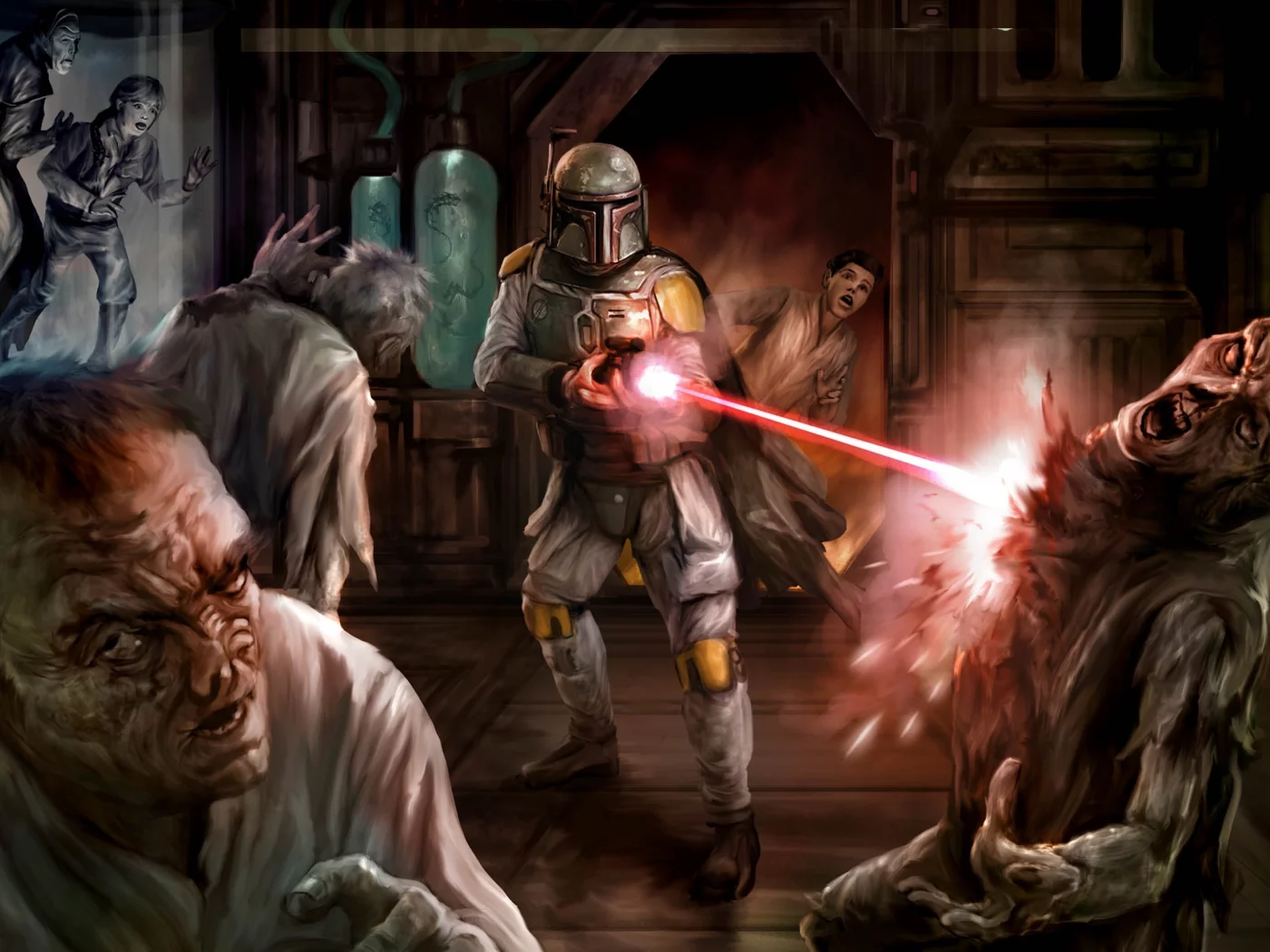 человек, оружие, выстрел, star wars, колбы, монстры, арт