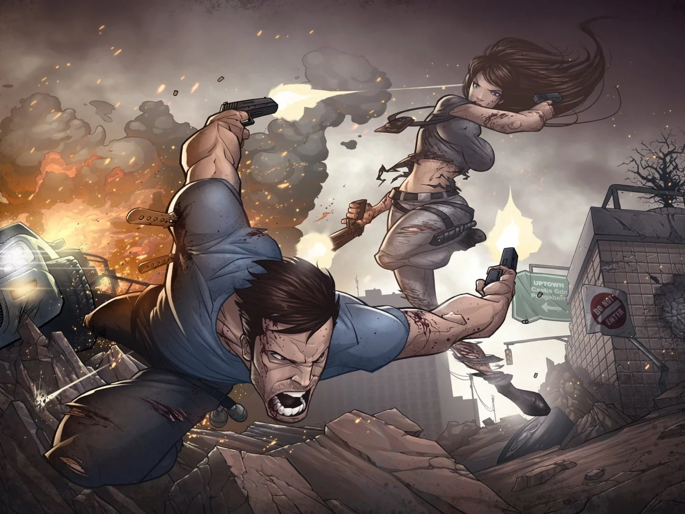 девушка, art , перестрелка, patrick brown, оружие, мужчина