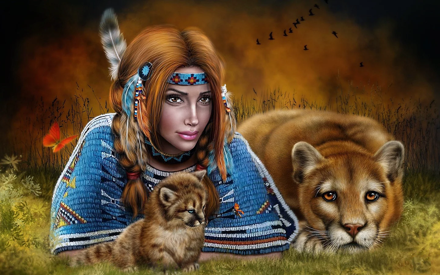 Природа, девушка, индейка, взгляд, дикий запад, америка, кошки, рисунок.