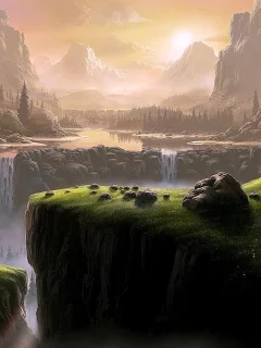 Горы, луга, трава, небо, заря, рисунок.
