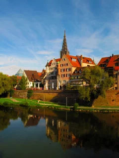 Германия, Ulm, река, набережная, дома, небо, вода, отражение