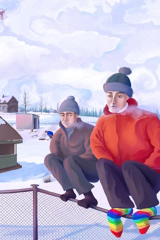 Зима, снег, дом, забор, дети, снигири.