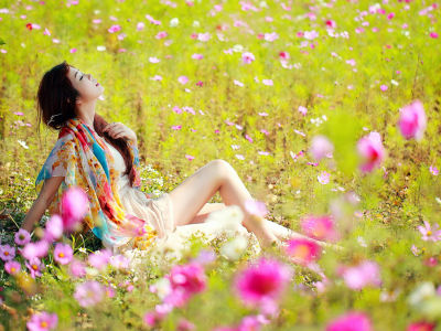девушка, поляна, цветы