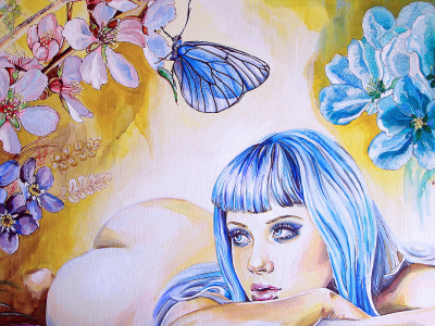 Девушка, Мальвина, цветы, бабочки, рисунок.