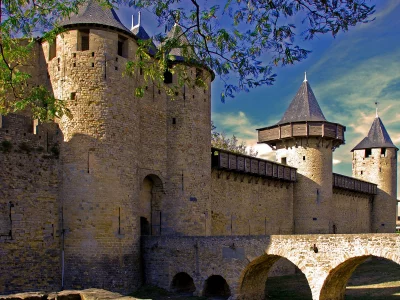 Каркасон, Лангедок-Руссильон, Франция, крепость, замок, небо, мост, Carcassonne, France, castle