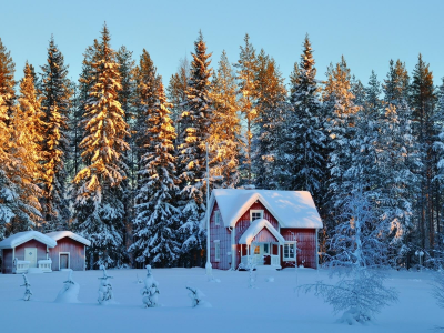winter, cottage, tree, ice, sky, snow
