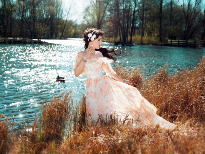 озеро, девушка, платье