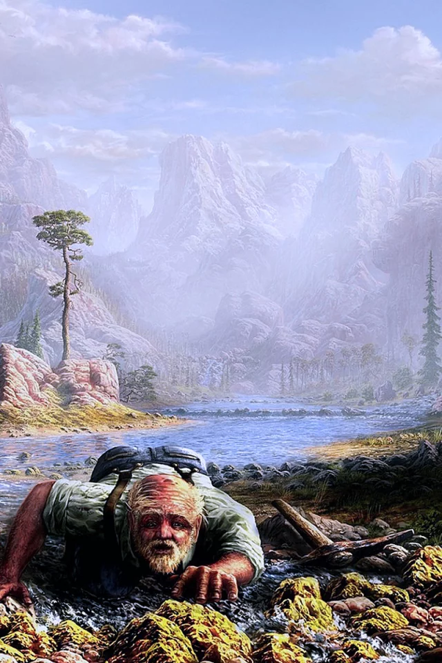 Америка, золотая лихорадка, река, берег, конь, старатель, ползёт, лицо, взгляд, рисунок.