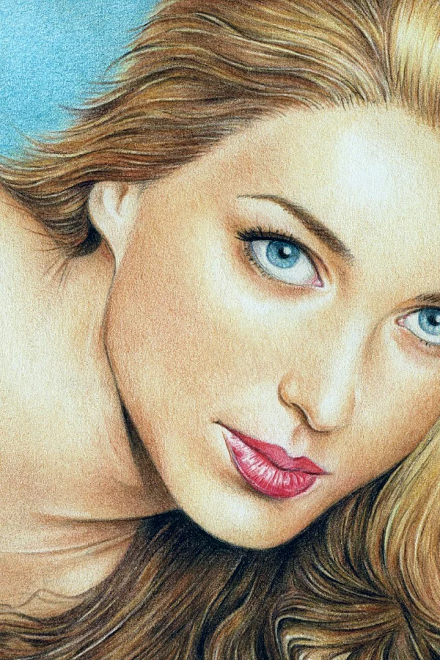 Девушка, блондинка, глаза, взгляд, губы, рисунок.