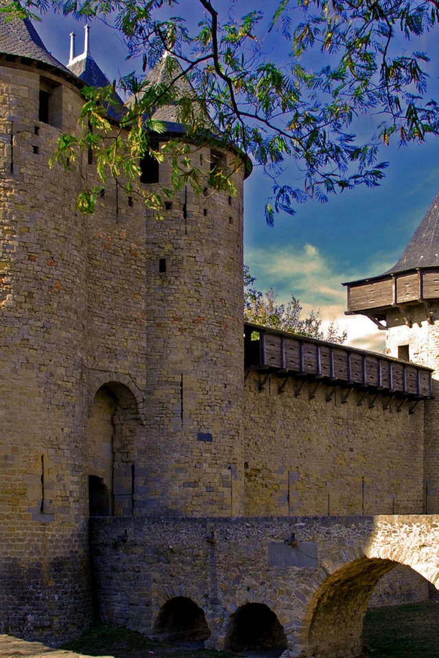 Каркасон, Лангедок-Руссильон, Франция, крепость, замок, небо, мост, Carcassonne, France, castle