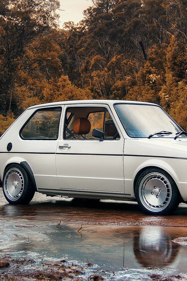 Осень, дорога, вода, машина, Volkswagen Golf