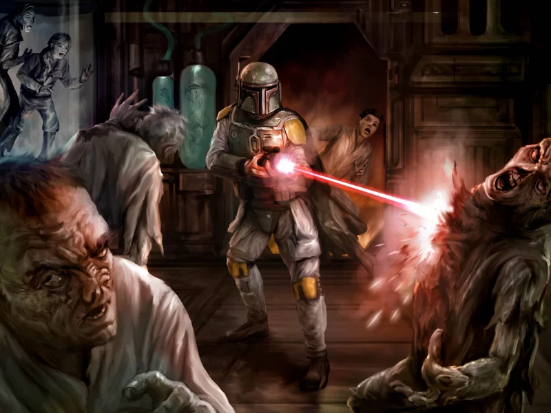 человек, оружие, выстрел, star wars, колбы, монстры, арт