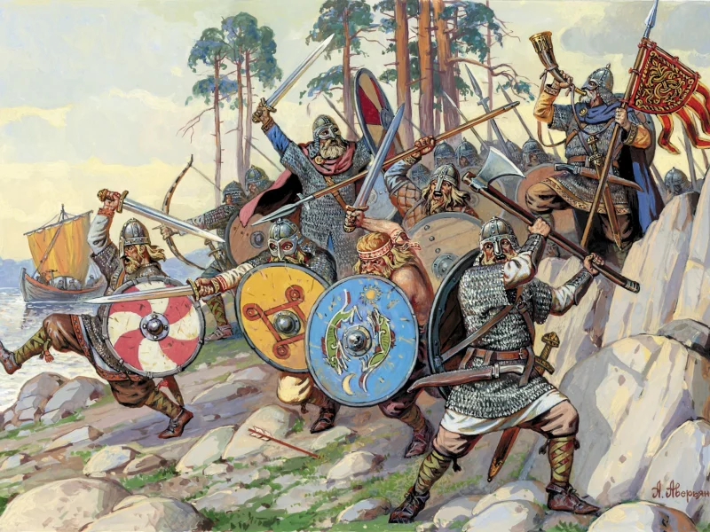 река, берег, вода, арт, камни, мечи, викинги, щиты, копья