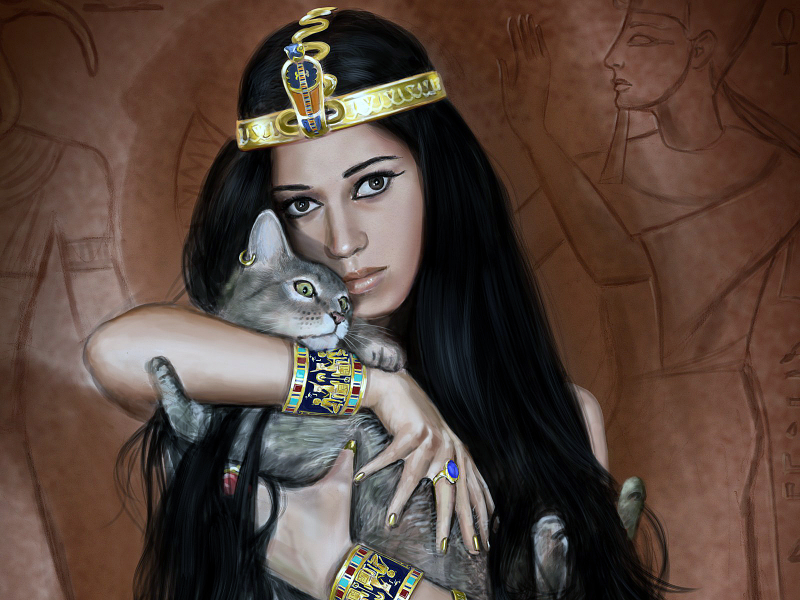 Египет, девушка, брюнетка, взгляд, кошка, рисунок.