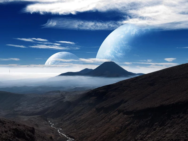 луна, небо, планета, облака, горы