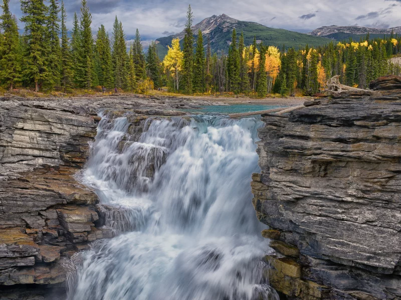 осень, река, водопад, горы, лес