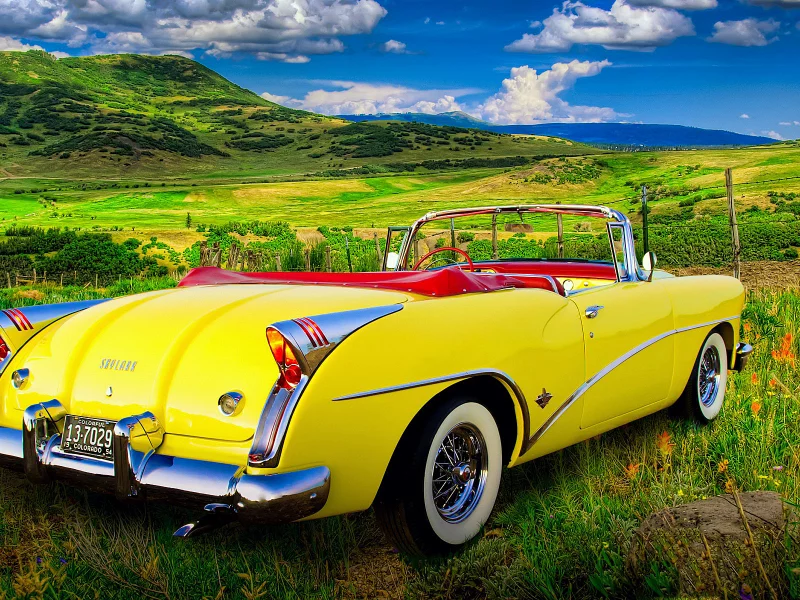 Небо, облака, горы, поле, машина, ретро, Buick Skylark 1953