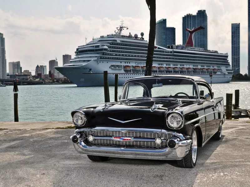 Город, причал, море, машина, Chevrolet, ретро.
