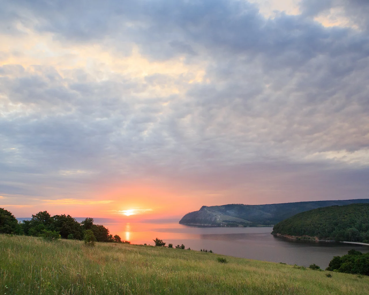 пейзаж, панорама, закат, река, вид, лето