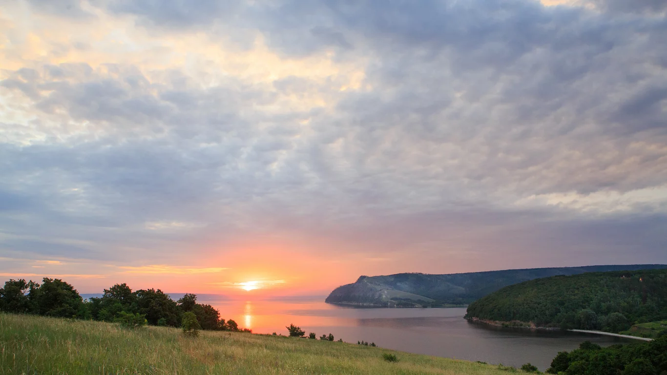 пейзаж, панорама, закат, река, вид, лето
