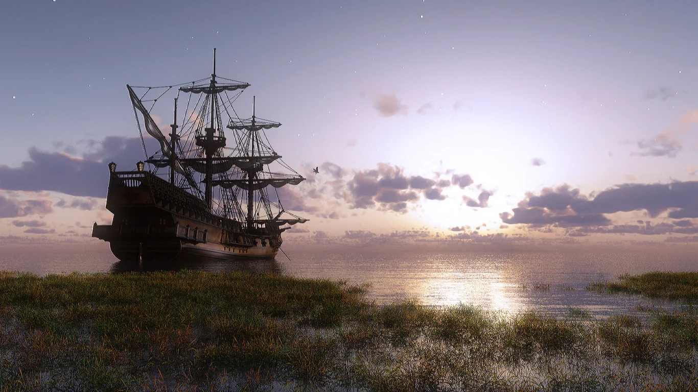 Утро, море, бухта, корабль, парусник.