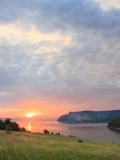 пейзаж, панорама, закат, река, вид, лето
