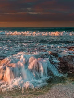 природа, море, небо, закат, волна, камни