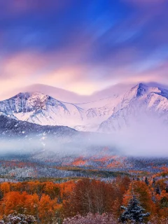 осень, небо, снег, утро, лес, горы