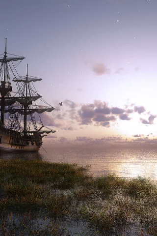 Утро, море, бухта, корабль, парусник.