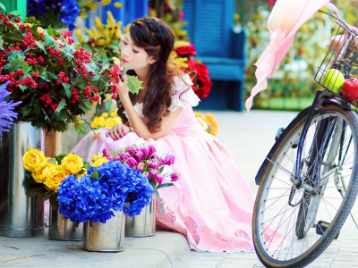 девушка, цветы, велосипед