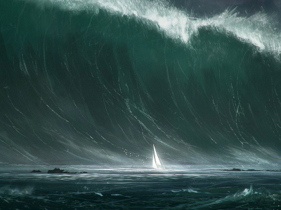 Море, парусник, волна, цунами, рисунок.