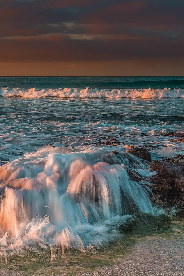 природа, море, небо, закат, волна, камни