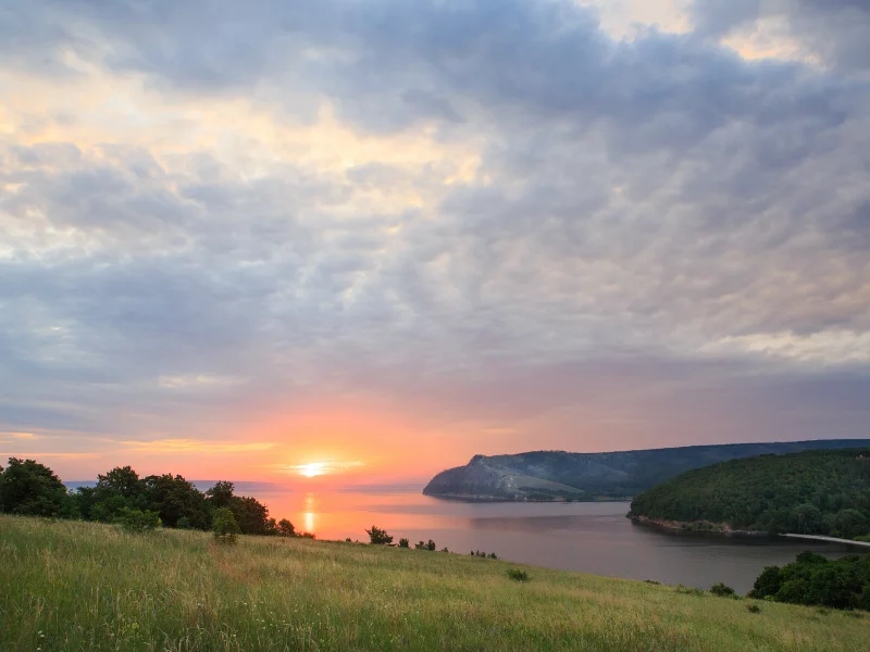пейзаж, панорама, закат, река, вид, лето