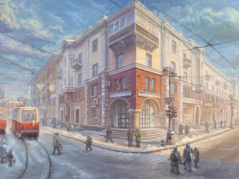 Иркутск, Россия, Улица Ленина, Мущенко, Анатолий, город, зима, улица, прохожие, трамвай, светофор, дорога, дом, фонарь, машины