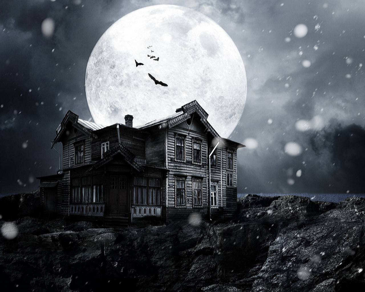 Ночь, Луна, дом, летучие мыши, снег