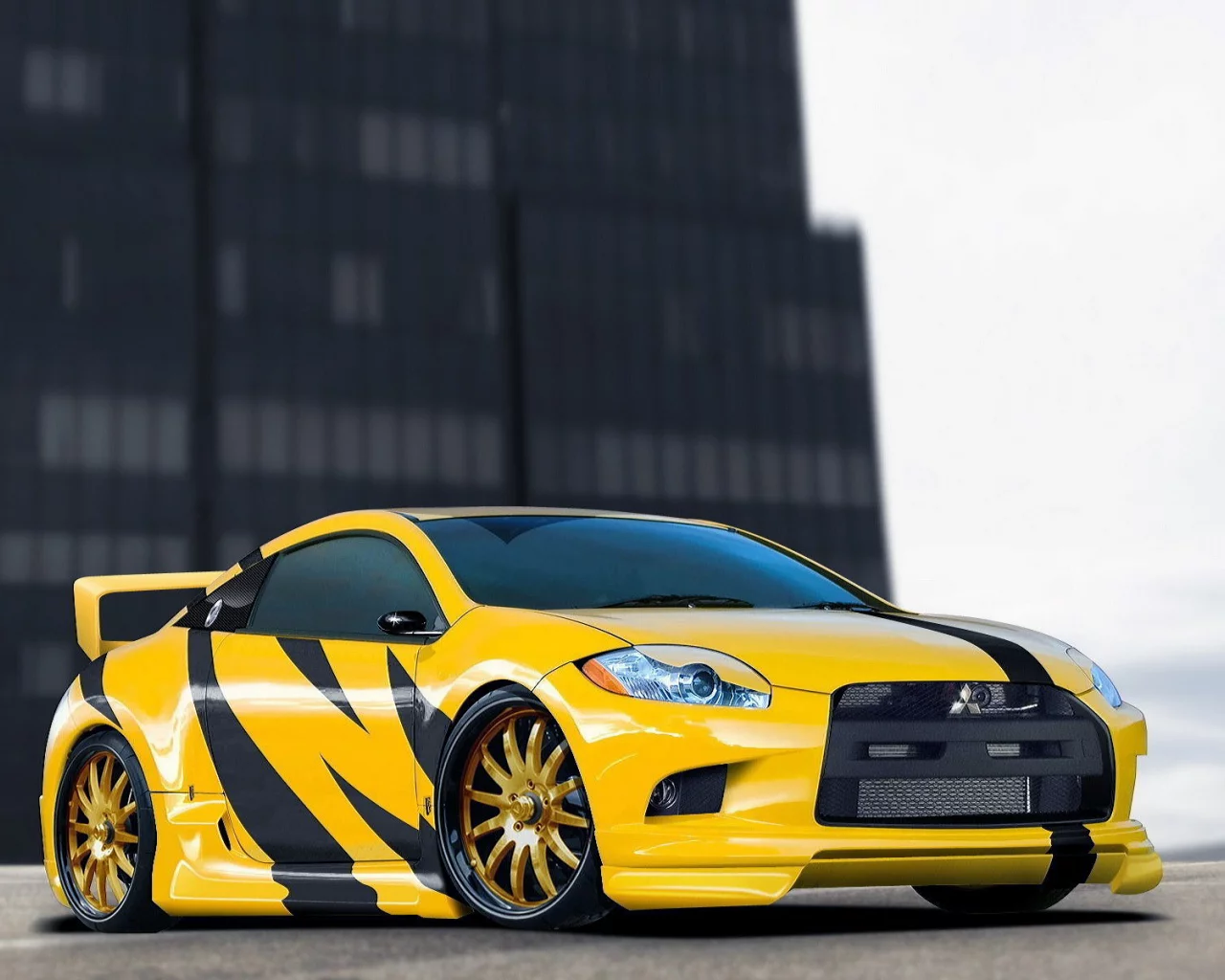 Асфальт, здание, авто, Mitsubishi Eclipse, тюнинг, стайлинг.