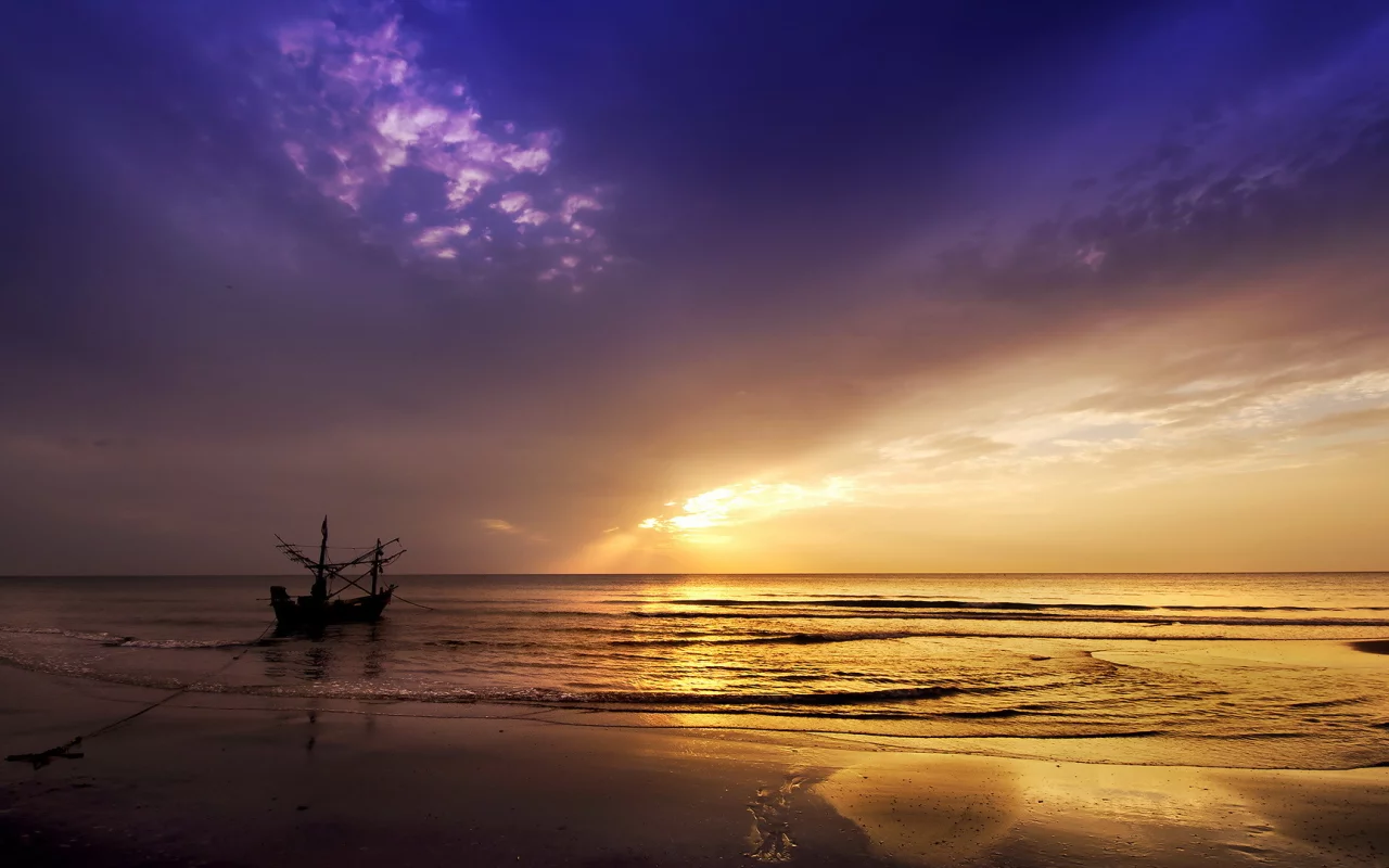 закат, море, пейзаж, лодка
