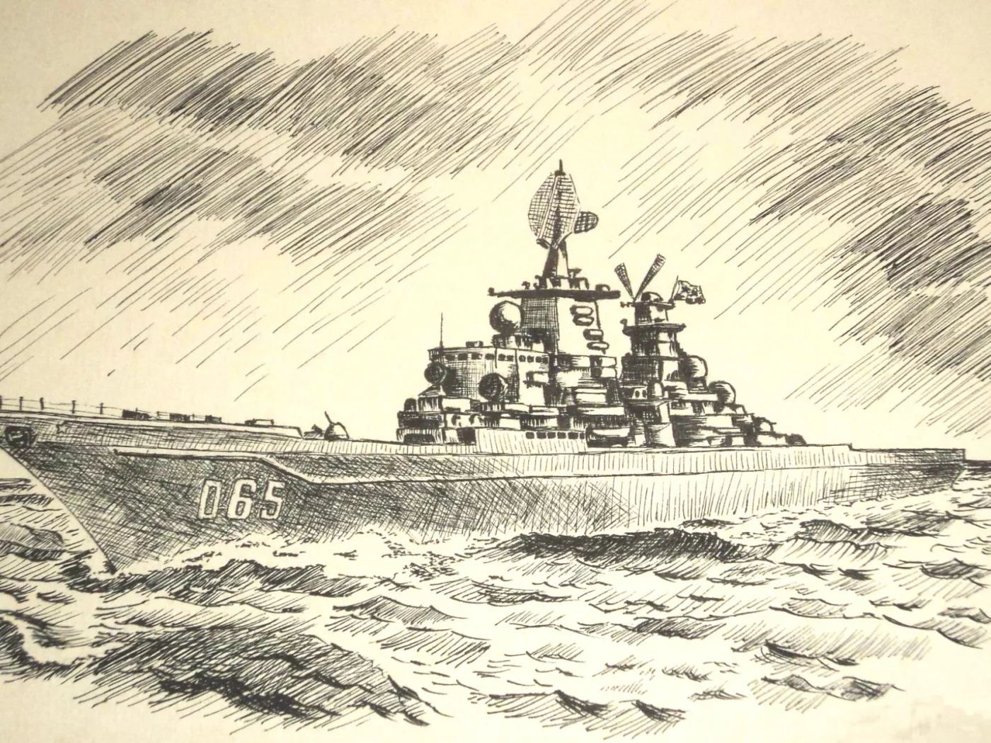 карандаш, рисунок, волны, море, корабль, боевой