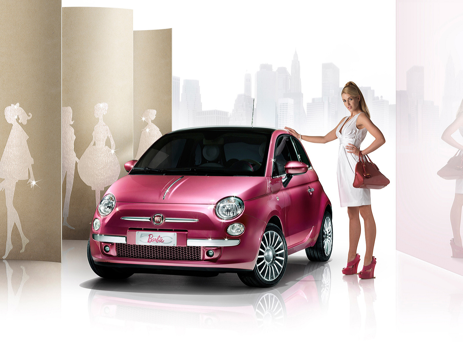 Авто, розовый, Fiat-500 barby, девушка, поза, улыбка