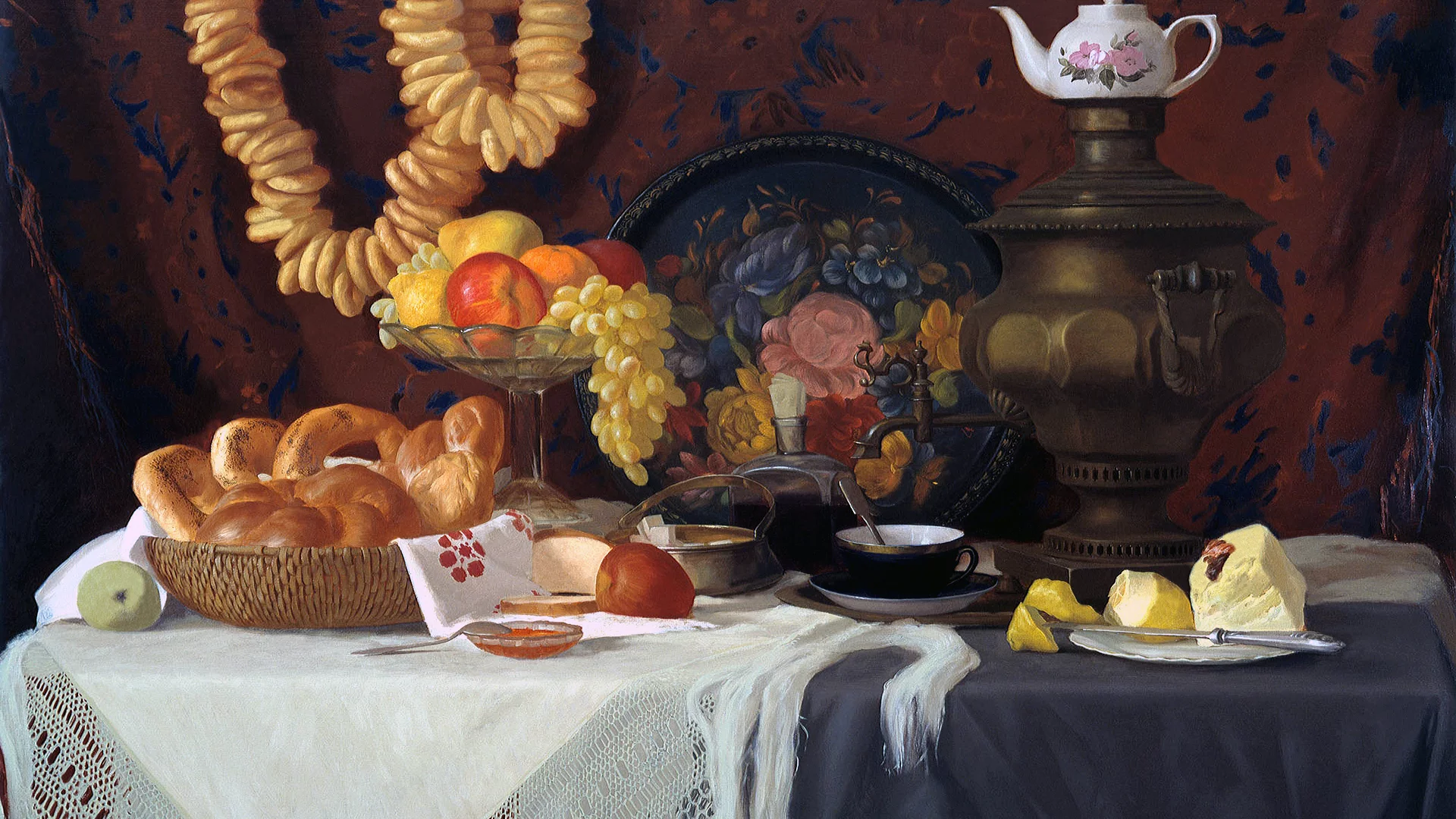 Картина, натюрморт, самовар, бублики, виноград, груши.