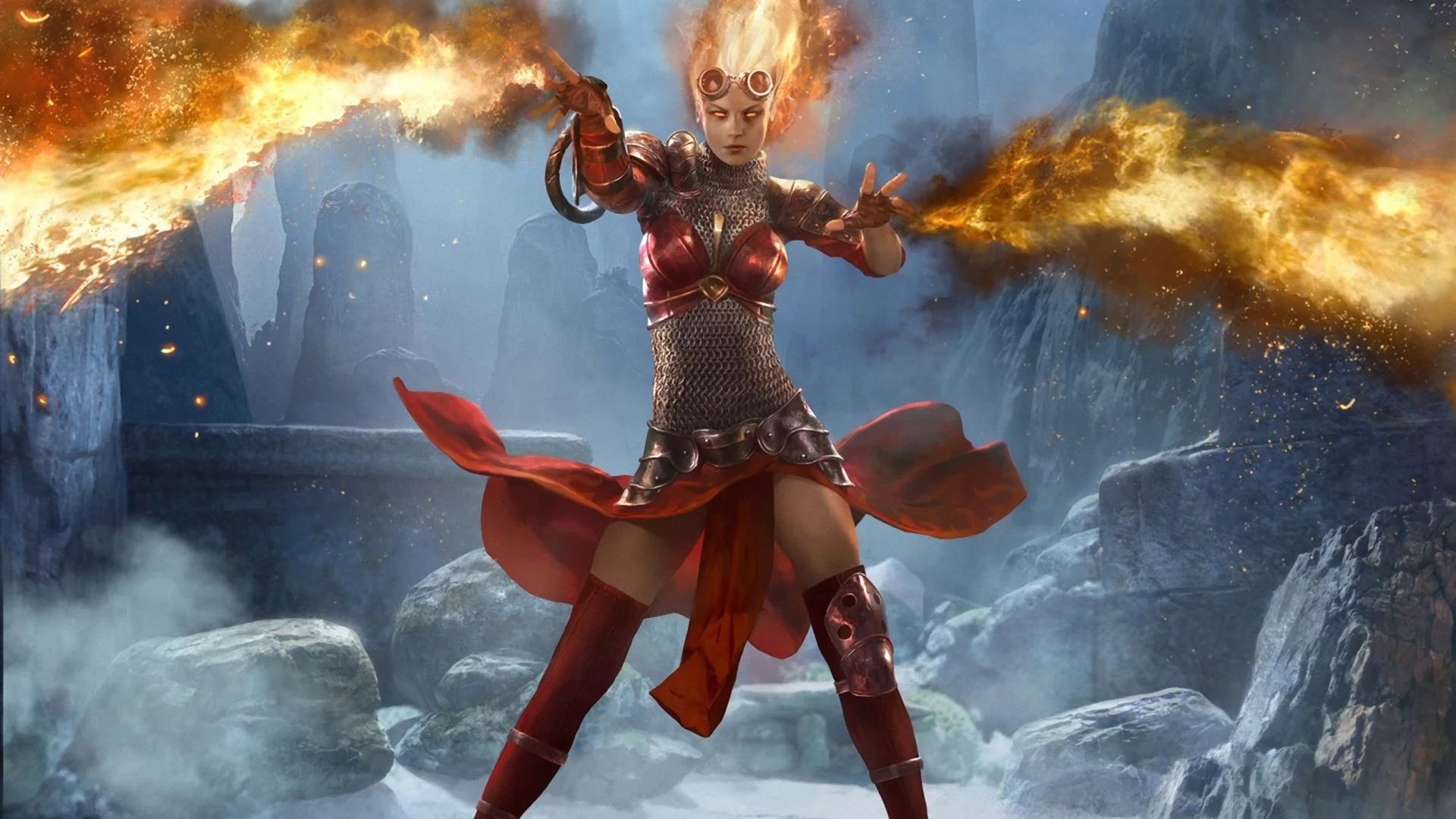 огонь, скалы, арт, magic the gathering, очки, mtg, девушка, chandra