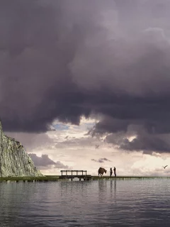Море, берег, строение, люди, парусник, рисунок