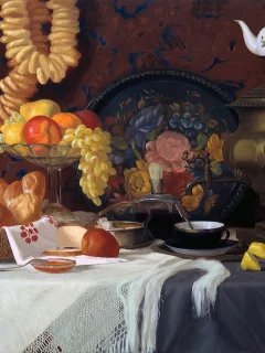Картина, натюрморт, самовар, бублики, виноград, груши.