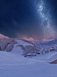 снег, ночь, дом, зима, горы
