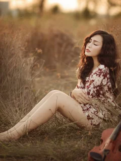 скрипка, лето, азиатка, девушка, музыка