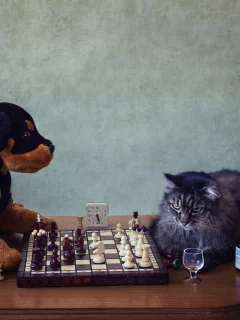 стол, шахматы, часы, валерьянка, кошка, задумалась