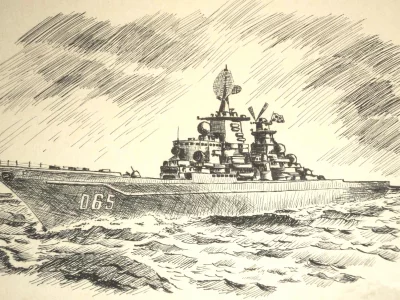 карандаш, рисунок, волны, море, корабль, боевой