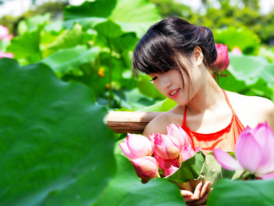 девушка, азиатка, цветы