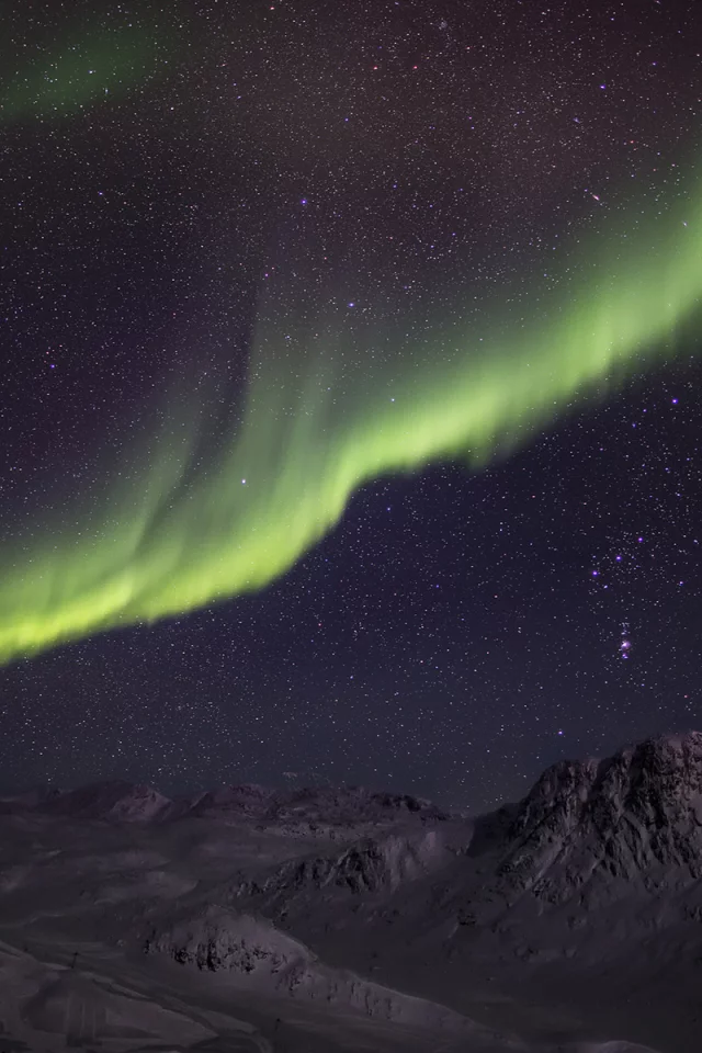 снег, ночь, зима, зеленая, северное сияние, aurora borealis