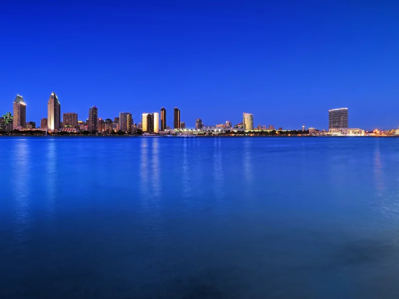 пейзаж, город, ночь, луна, usa, залив, синее небо, san diego